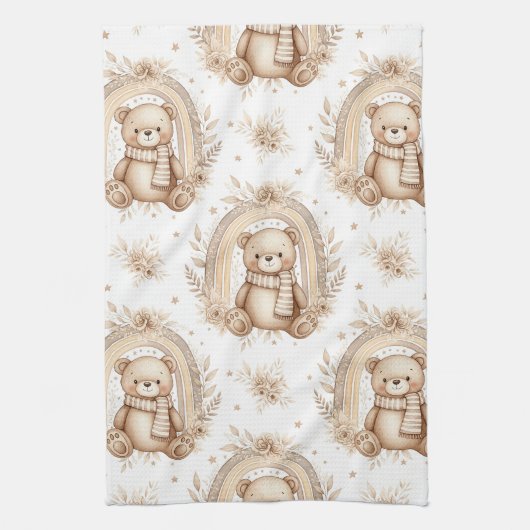 Boho-Teddybär-Regenbogen-Neutral-Blumen (2) Geschirrtuch (Vertikal)