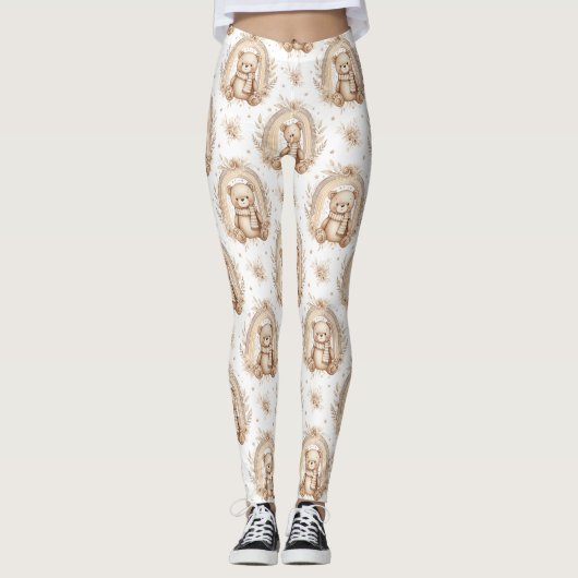 Boho-Teddybär-Regenbogen-Neutrale Blumen Leggings (Vorderseite)