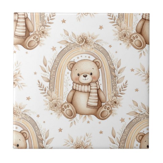 Boho-Teddybär-Regenbogen-Neutrales-Blumenmuster Fliese (Vorderseite)