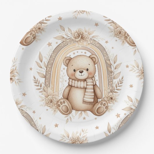 Boho-Teddybär-Regenbogen-Neutrales-Blumenmuster Pappteller (Vorderseite)
