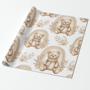 Boho-Teddybär-Regenbogen-Neutrales Floral Geschenkpapier