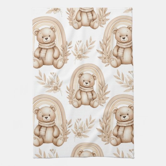 Boho-Teddybär-Regenbogen-Neutrales Floral Geschirrtuch (Vertikal)