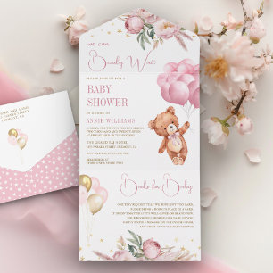 Boho-Teddybär-Rosa-Ballon-Blumen-Baby-Party All In One Einladung