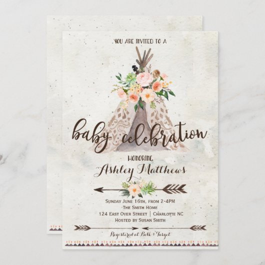 Boho TeePee Baby Dusche Einladung (Vorne/Hinten)