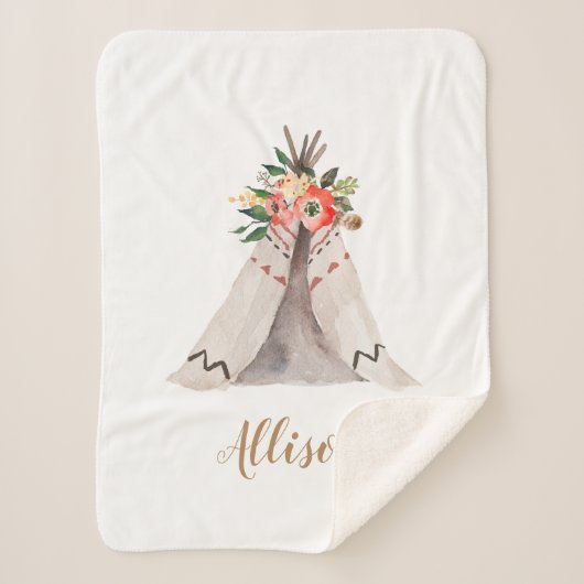 Boho Teepee Baby Girl Monogram Sherpa Blanket Sherpadecke (Vorderseite)