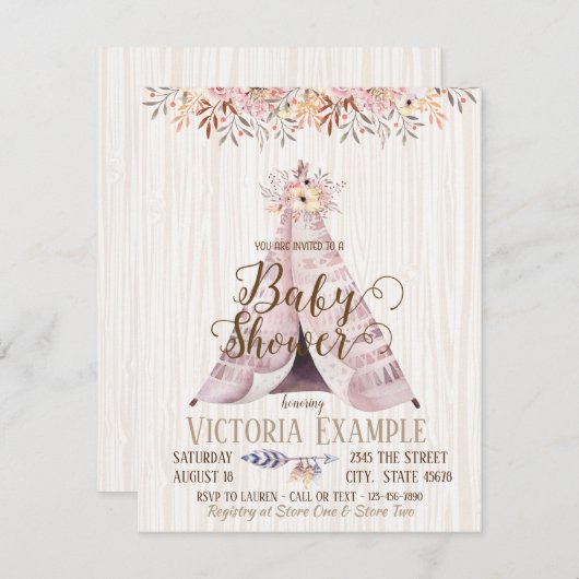 Boho TeePee Baby Shower Einladungen (Vorne/Hinten)