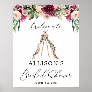 Boho-Teepee-Blumen-Hochzeitsdusche-Willkommensschi Poster