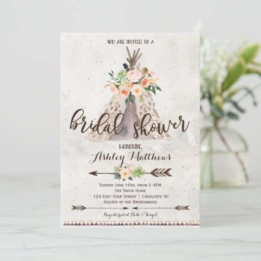 Boho TeePee Brautdusche Einladung (Stehend Vorderseite)