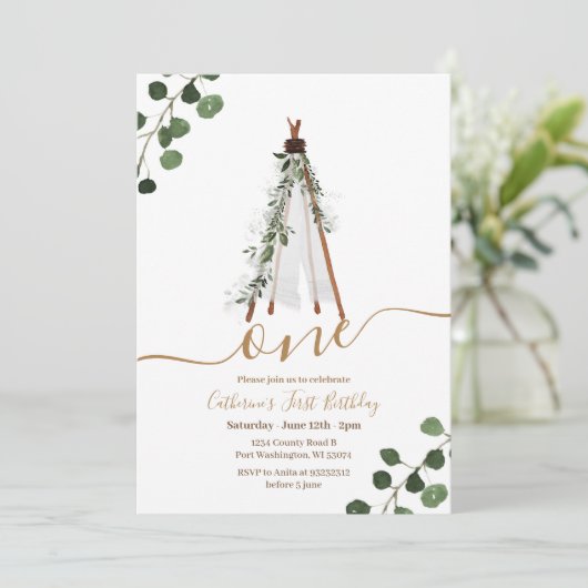 Boho Teepee First Birthday   Einladung (Stehend Vorderseite)