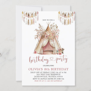 Boho Teepee Girl Floral Geburtstagsparty Einladung