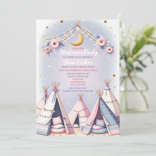 Boho Teepee Girly Sleepover Slumber Party Einladung (Stehend Vorderseite)
