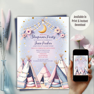Boho Teepee Girly Sleepover Slumber Party Einladung