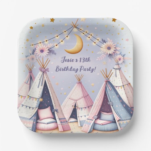 Boho Teepee Girly Sleepover Slumber Party Pappteller (Vorderseite)