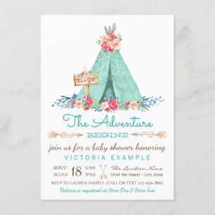 Boho TeePee Rustikale Mädchen-Baby-Party-Einladung Einladung