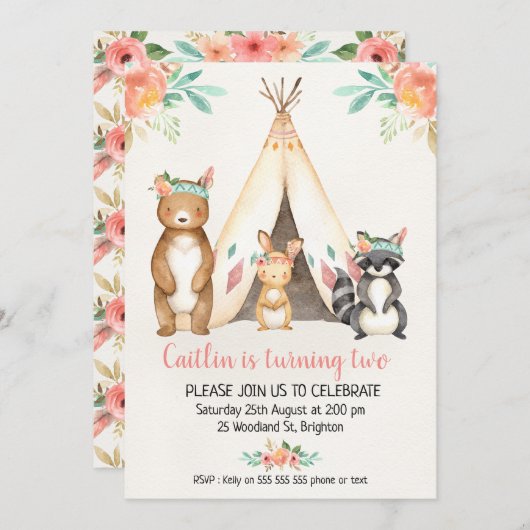 Boho Teepee Woodland Animals Einladung zum Geburts (Vorne/Hinten)