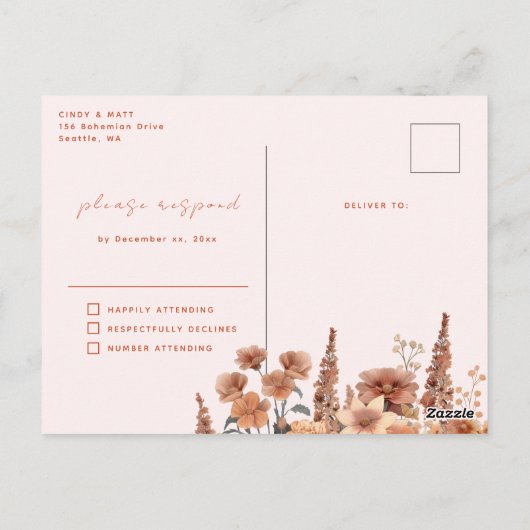 Boho Tent Feathers Wedding RSVP Postkarte (Rückseite)