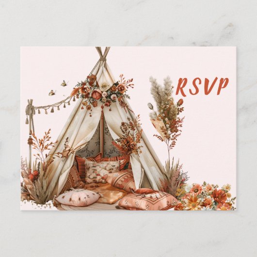 Boho Tent Feathers Wedding RSVP Postkarte (Vorderseite)