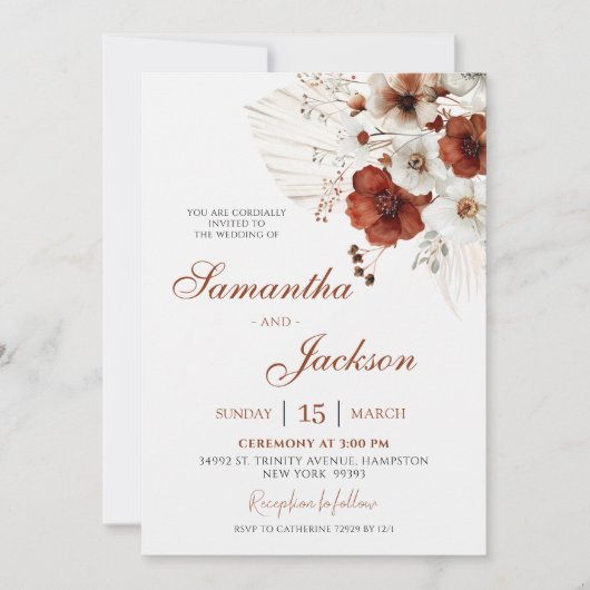 Boho Teracotta Floral Wedding Einladung (Vorderseite)