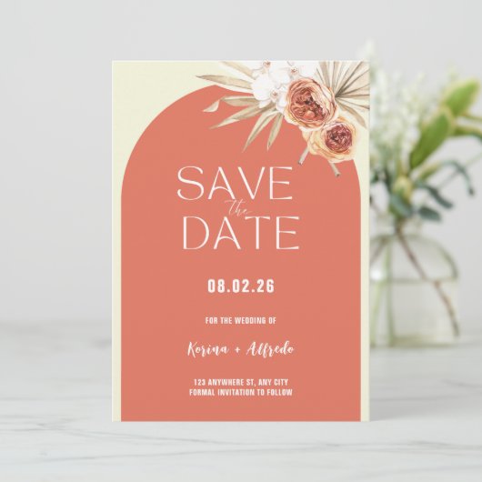 Boho Terracotta Arch Floral Save the Date Template (Stehend Vorderseite)