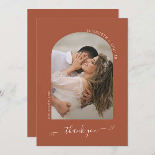 Boho Terracotta Arch Frame Script Wedding Foto Dankeskarte (Vorne/Hinten)