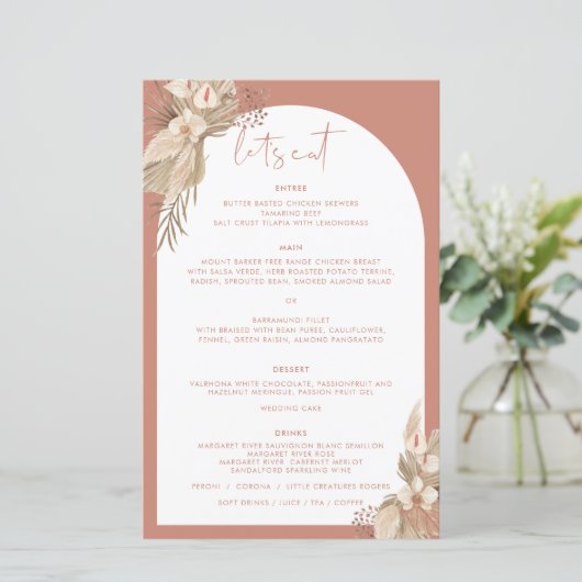 Boho Terracotta Arch Pampas Grass Menu (Stehend Vorderseite)