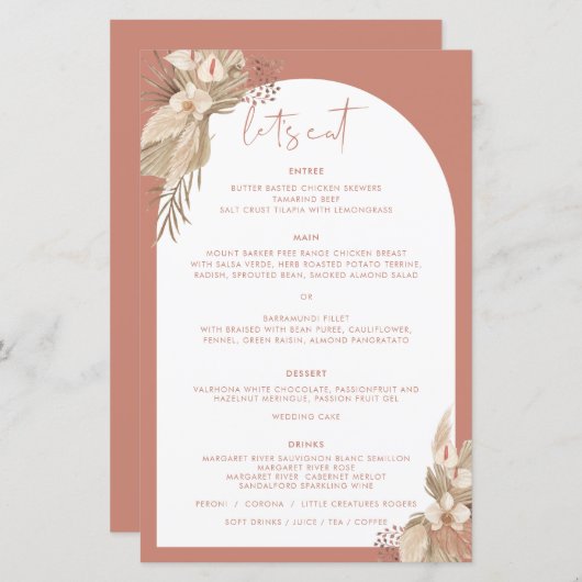 Boho Terracotta Arch Pampas Grass Menu (Vorne/Hinten)