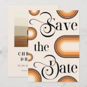 Boho Terracotta Arch & Retro Script Foto Wedding Save The Date (Vorne/Hinten)