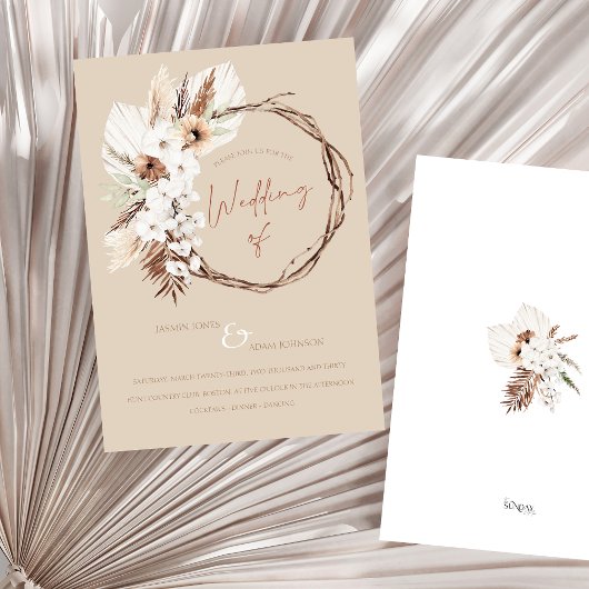 Boho Terracotta Beige Dried Floral Wreath Wedding Einladung