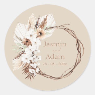 Boho Terracotta Beige Dried Floral Wreath Wedding Runder Aufkleber