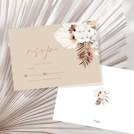 Boho Terracotta Beige Pampas Grass Floral Wedding RSVP Karte