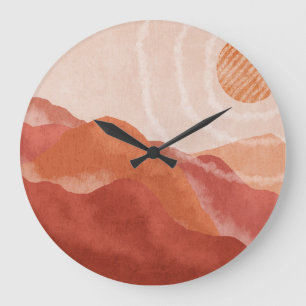 Boho Terracotta Berge, abstraktes Poster. Große Wanduhr