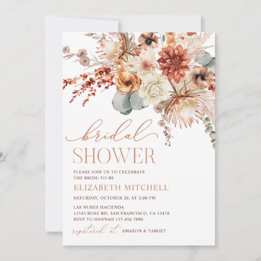 Boho Terracotta Blume Fall Brautparty Einladung (Vorderseite)