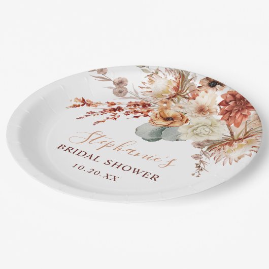 Boho Terracotta Blume Fall Brautparty Pappteller (Schrägansicht)