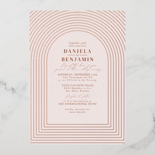 Boho Terracotta Blush Wedding Arch & UAWG QR Code Folieneinladung (Vorderseite)