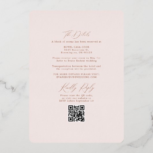 Boho Terracotta Blush Wedding Arch & UAWG QR Code Folieneinladung (Rückseite)