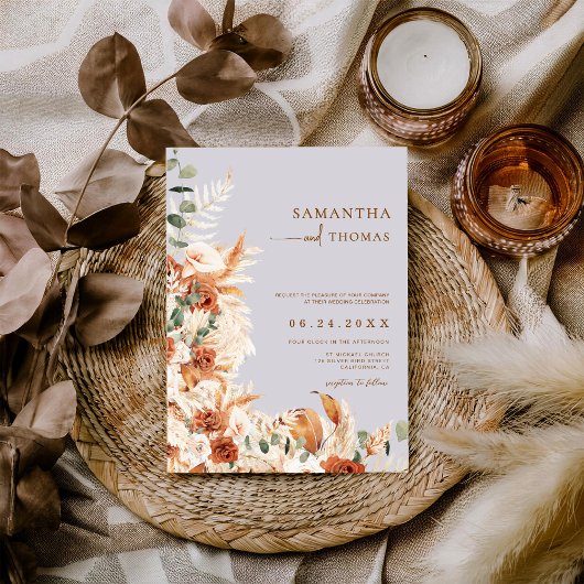 Boho Terracotta Botanical Pampas Photo Wedding Einladung