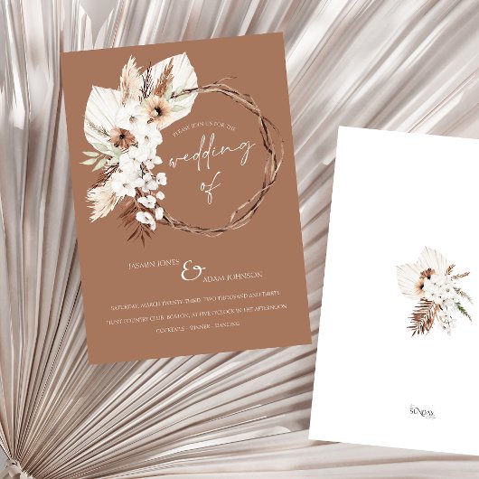 Boho Terracotta Brown Driving Floral Wreath Weddin Einladung