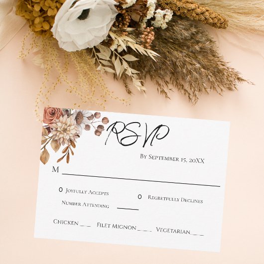 Boho Terracotta Brown Floral Entree Wedding RSVP Karte