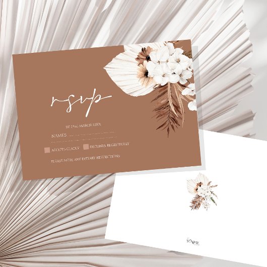 Boho Terracotta Brown Pampas Grass Floral Wedding RSVP Karte