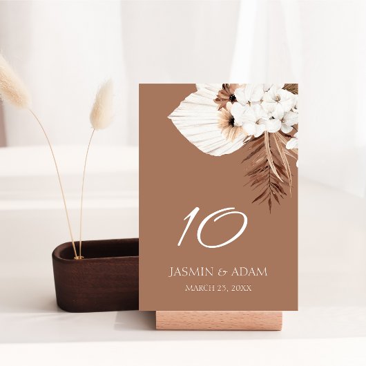Boho Terracotta Brown Pampas Grass Floral Wedding Tischnummer