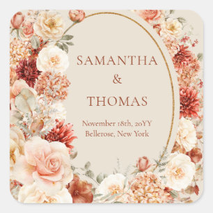 Boho terracotta burgundy floral eucalyptus Aufkleb Quadratischer Aufkleber