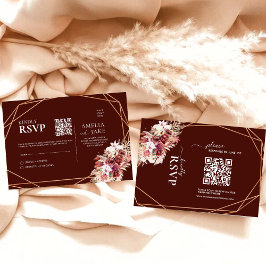 Boho Terracotta & Burgundy Floral QR Code Wedding  RSVP Karte
