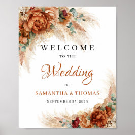 Boho terracotta burgundy pampas grass Wedding Sign Poster