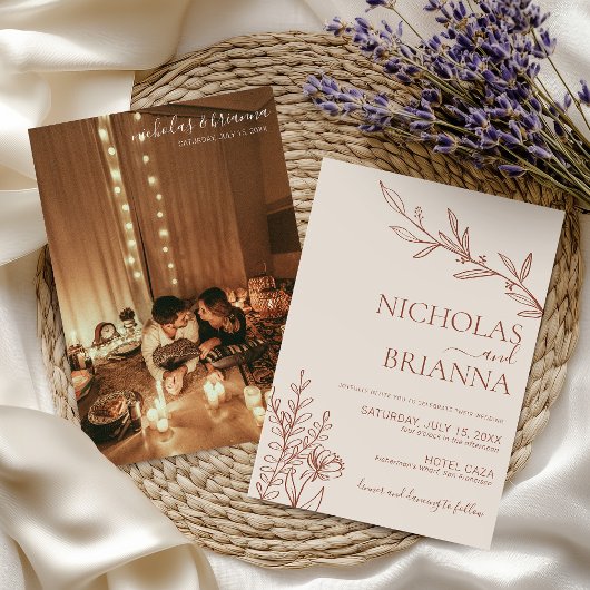 Boho Terracotta Burnt Orange Minimal Foto Hochzeit Einladung