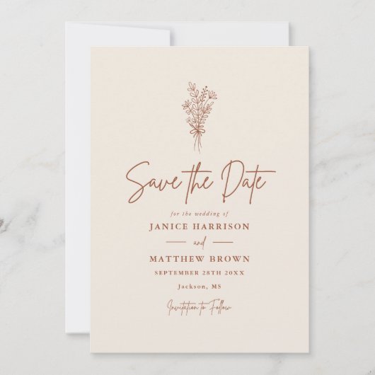 Boho Terracotta Burnt Orange Rustikale Hochzeit Save The Date (Vorderseite)