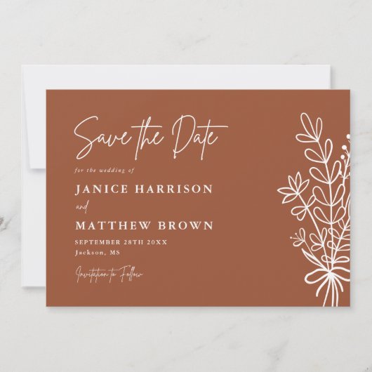 Boho Terracotta Burnt Orange Rustikale Hochzeit Save The Date (Vorderseite)