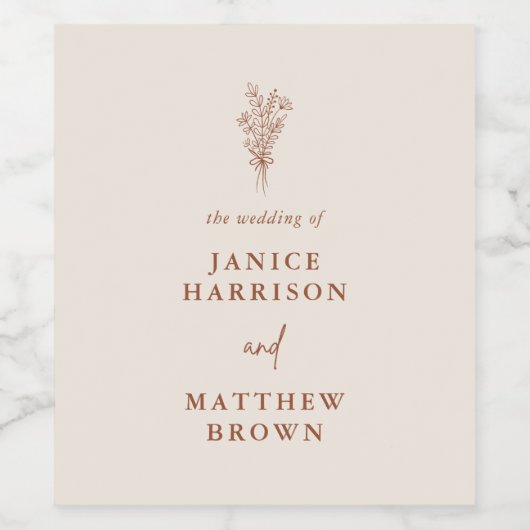 Boho Terracotta Burnt Orange Rustikale Hochzeit Weinetikett (Einzelnes Label)