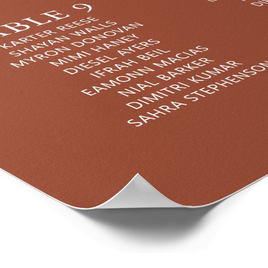 Boho Terracotta Burnt Orange Wedding Chart Poster (Ecke)