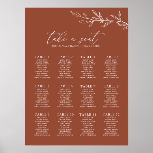 Boho Terracotta Burnt Orange Wedding Chart Poster (Vorne)