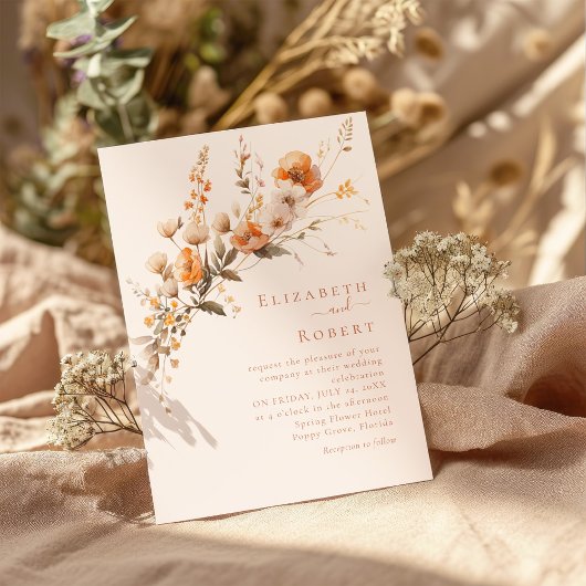 Boho Terracotta Burnt Orange Wildblumen Hochzeit Einladung
